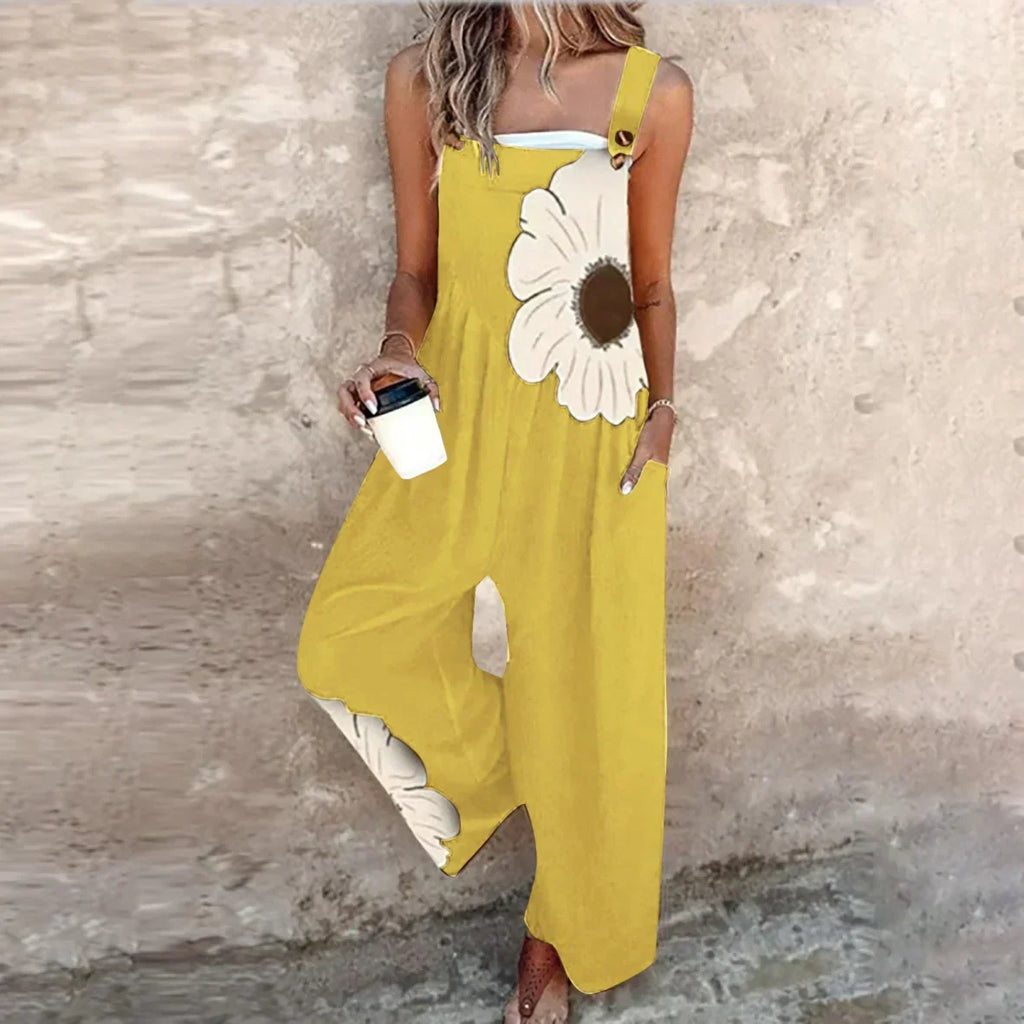 Women's Black Overalls with Large White Daisy - Yellow