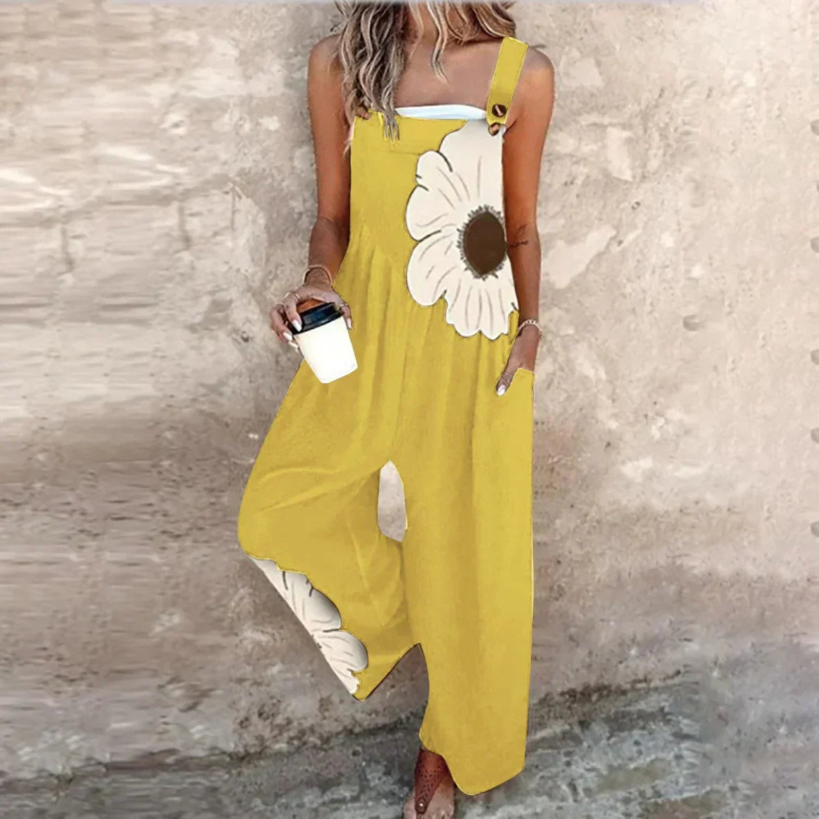 Women's Black Overalls with Large White Daisy - Yellow