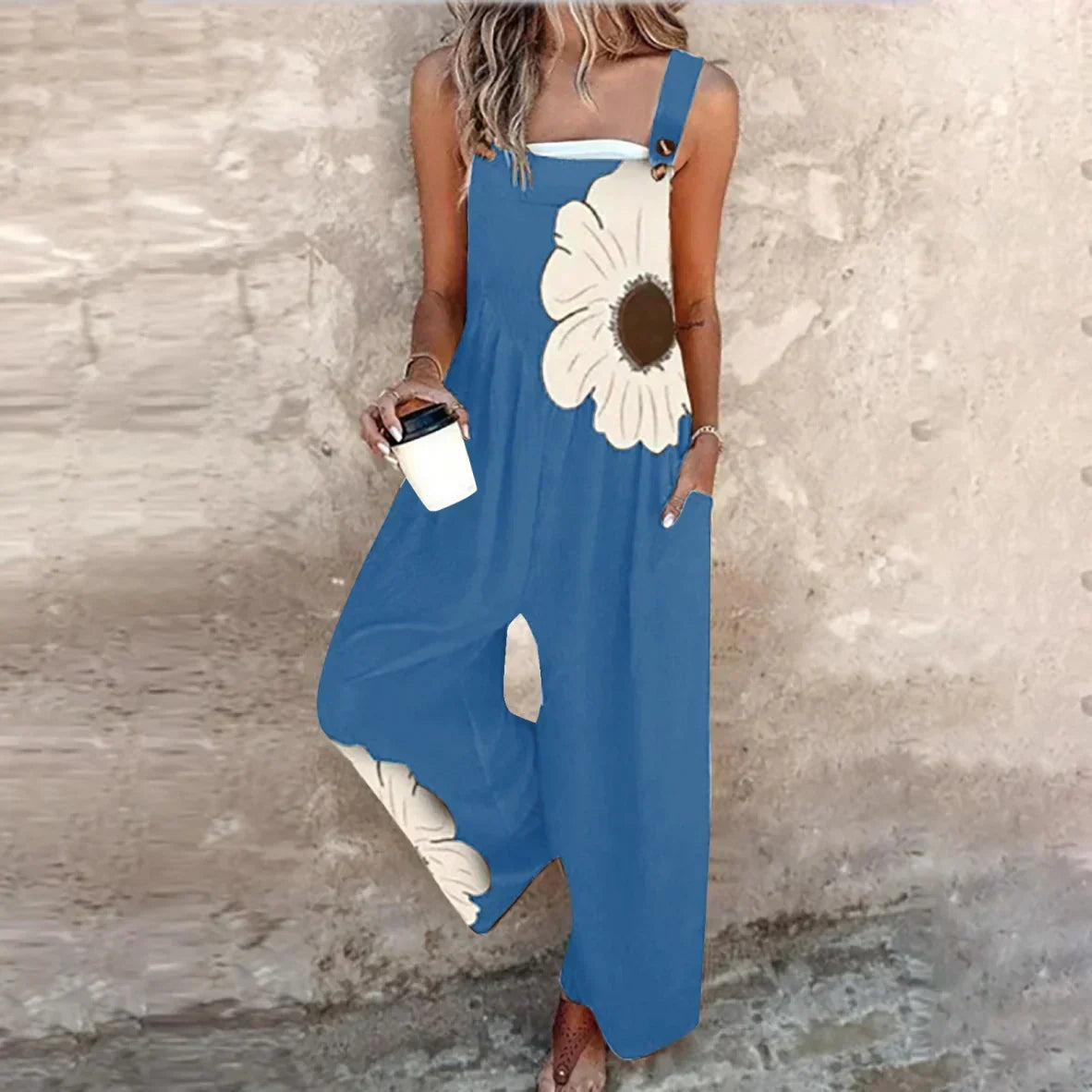 Women's Black Overalls with Large White Daisy - Blue