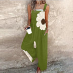 Women's Black Overalls with Large White Daisy - Green