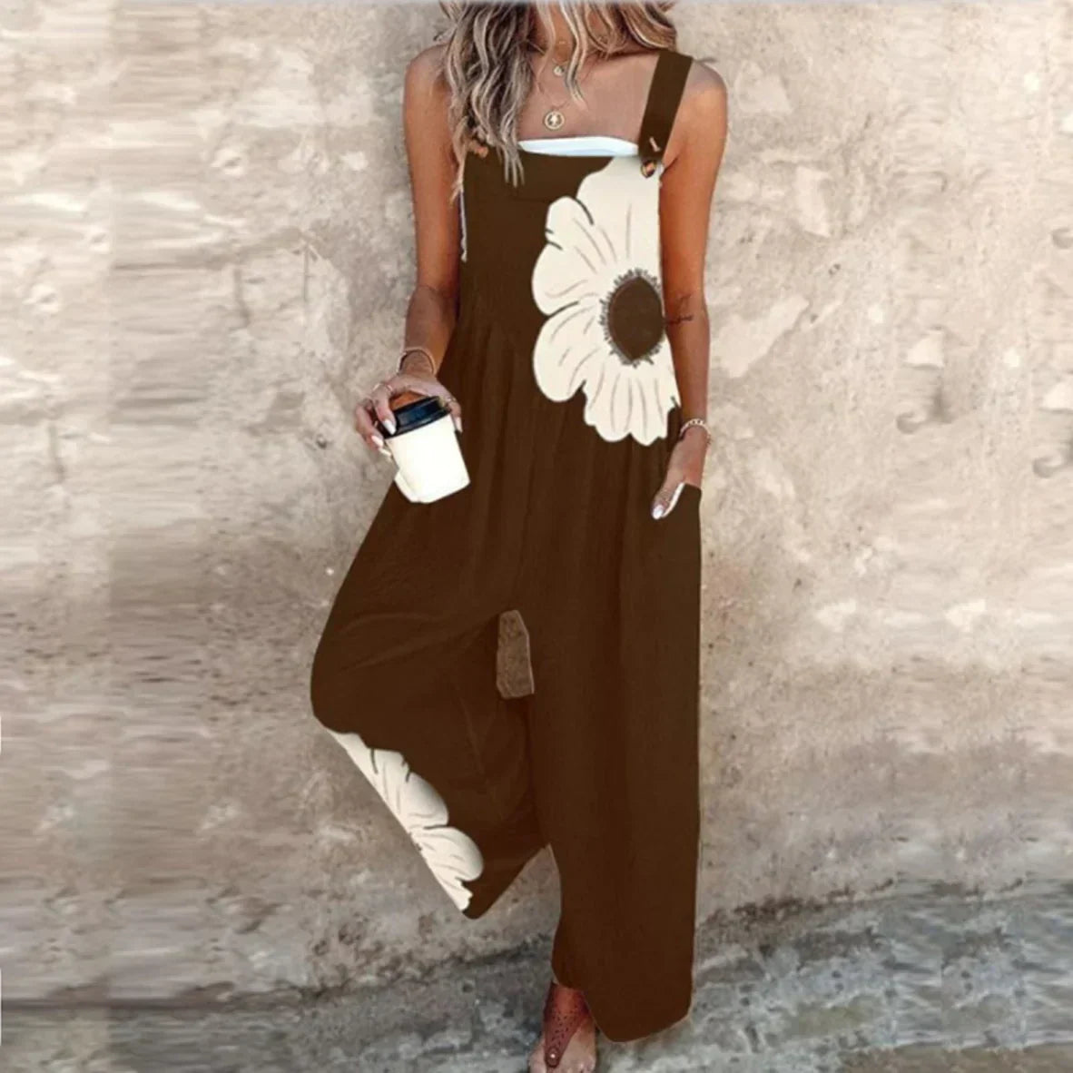 Women's Black Overalls with Large White Daisy - Brown