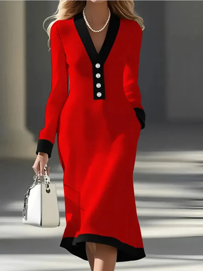 Women's Elegant Long Sleeve Dress - Red