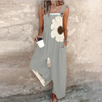 Women's Black Overalls with Large White Daisy - Gray