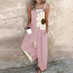 Women's Black Overalls with Large White Daisy - Pink