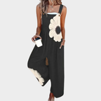 Women's Black Overalls with Large White Daisy