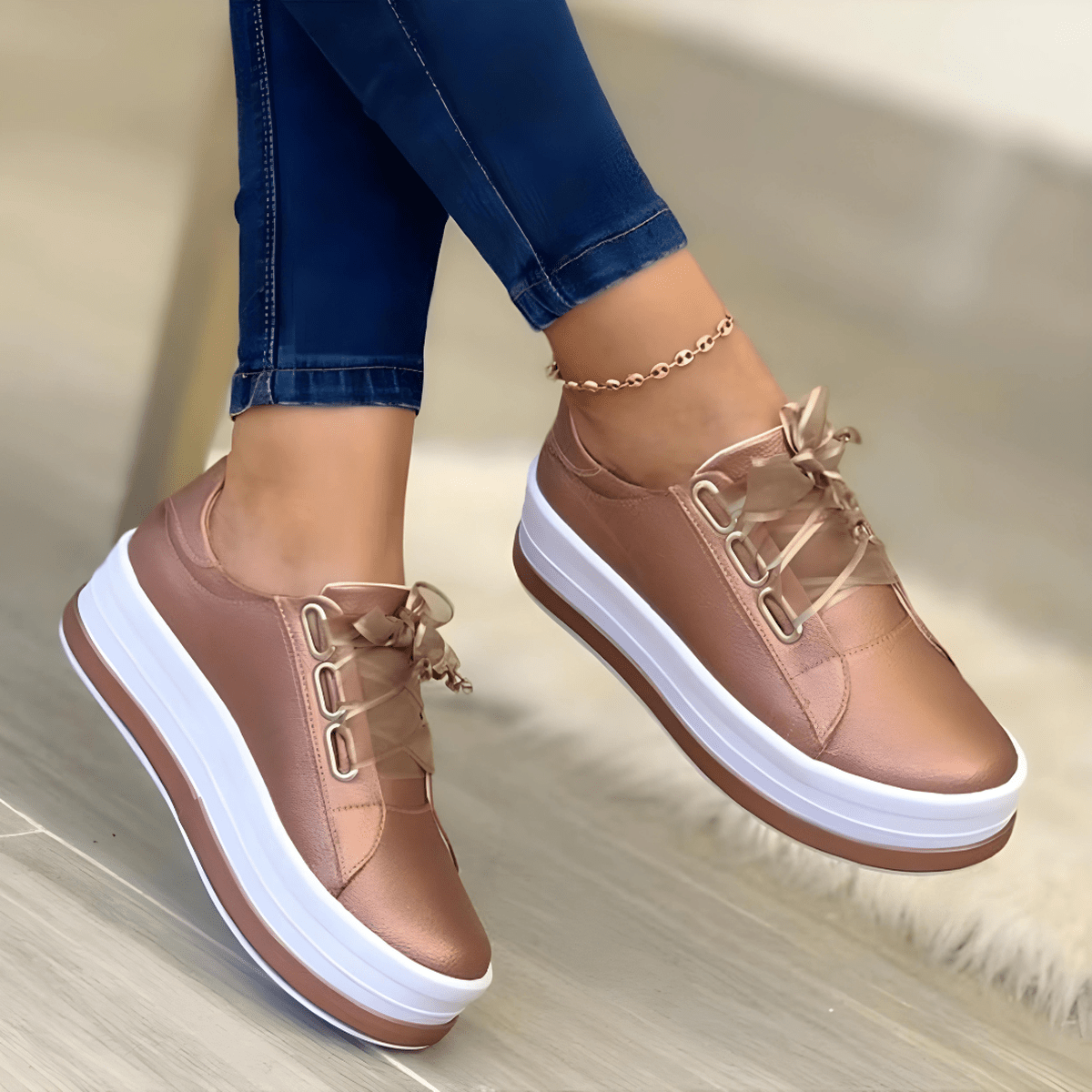 Women's Casual Platform Sneakers with Metal Eyelets - Gold