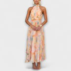 Women's Elegant Watercolor Print Wedding Guest Dress - Peach