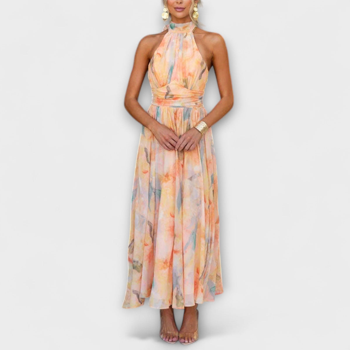 Women's Elegant Watercolor Print Wedding Guest Dress - Peach