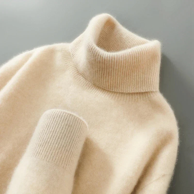Women's Relaxed Fit Wool Turtleneck Sweater - Beige