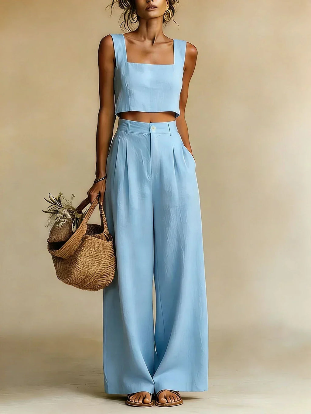 Women's Flowy Top and Wide-Leg Palazzo Pants Set - Blue