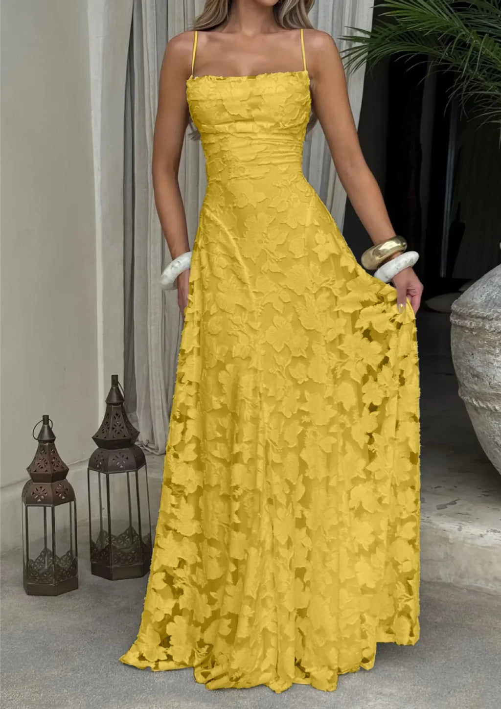Women's Elegant Floral Evening Wedding Guest Dress with Lace-Up Back - Yellow