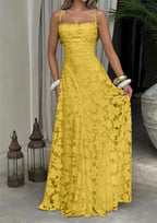 Women's Elegant Floral Evening Wedding Guest Dress with Lace-Up Back - Yellow