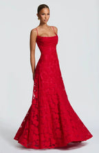 Women's Elegant Floral Evening Wedding Guest Dress with Lace-Up Back - Red
