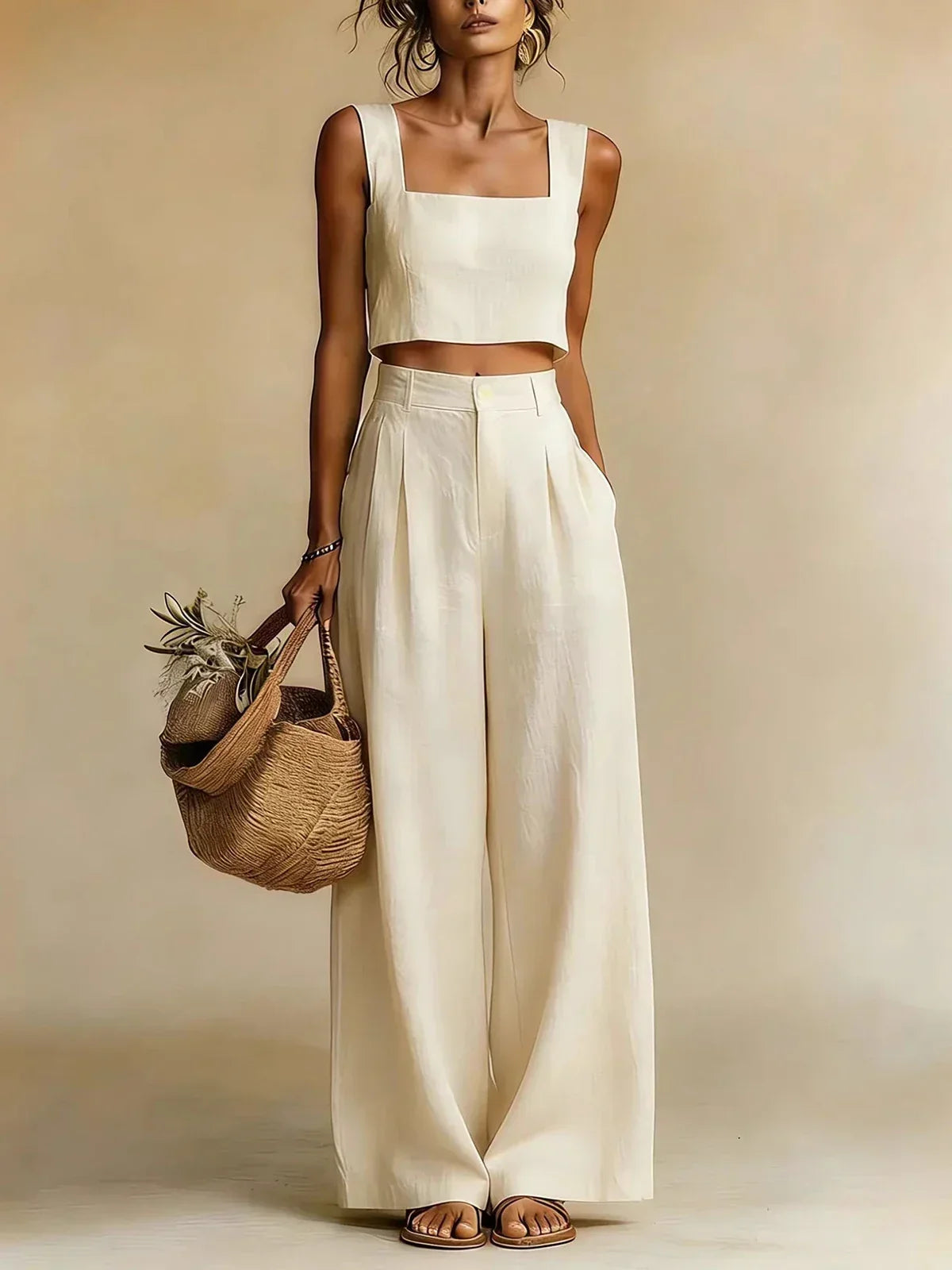 Women's Flowy Top and Wide-Leg Palazzo Pants Set - Beige