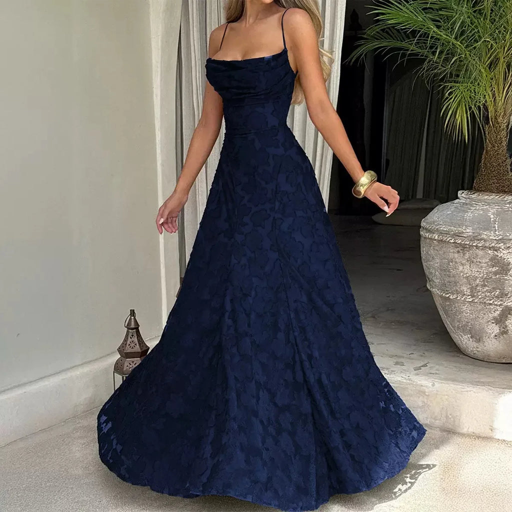 Women's Elegant Floral Evening Wedding Guest Dress with Lace-Up Back - Dark Blue