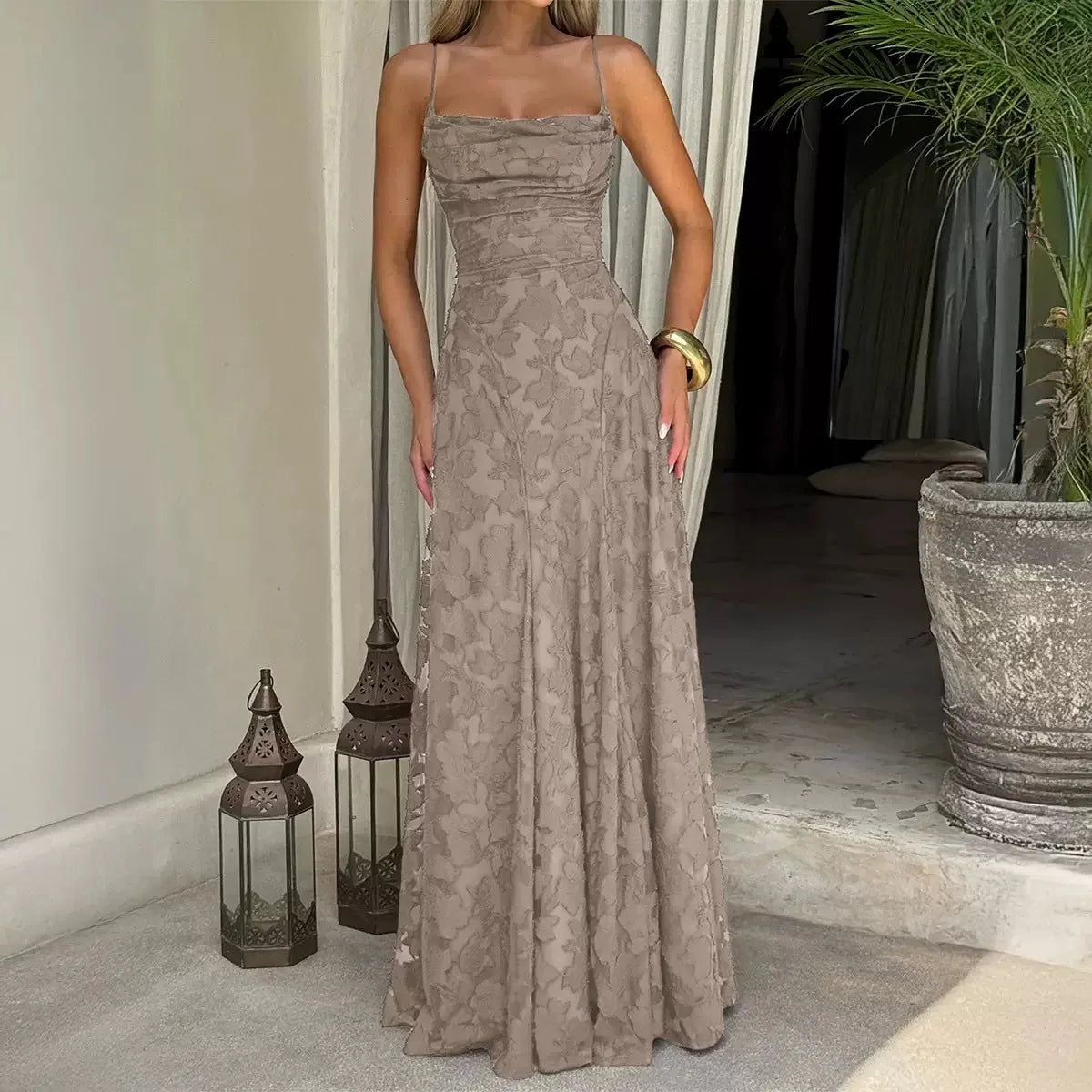 Women's Elegant Floral Evening Wedding Guest Dress with Lace-Up Back - Gray