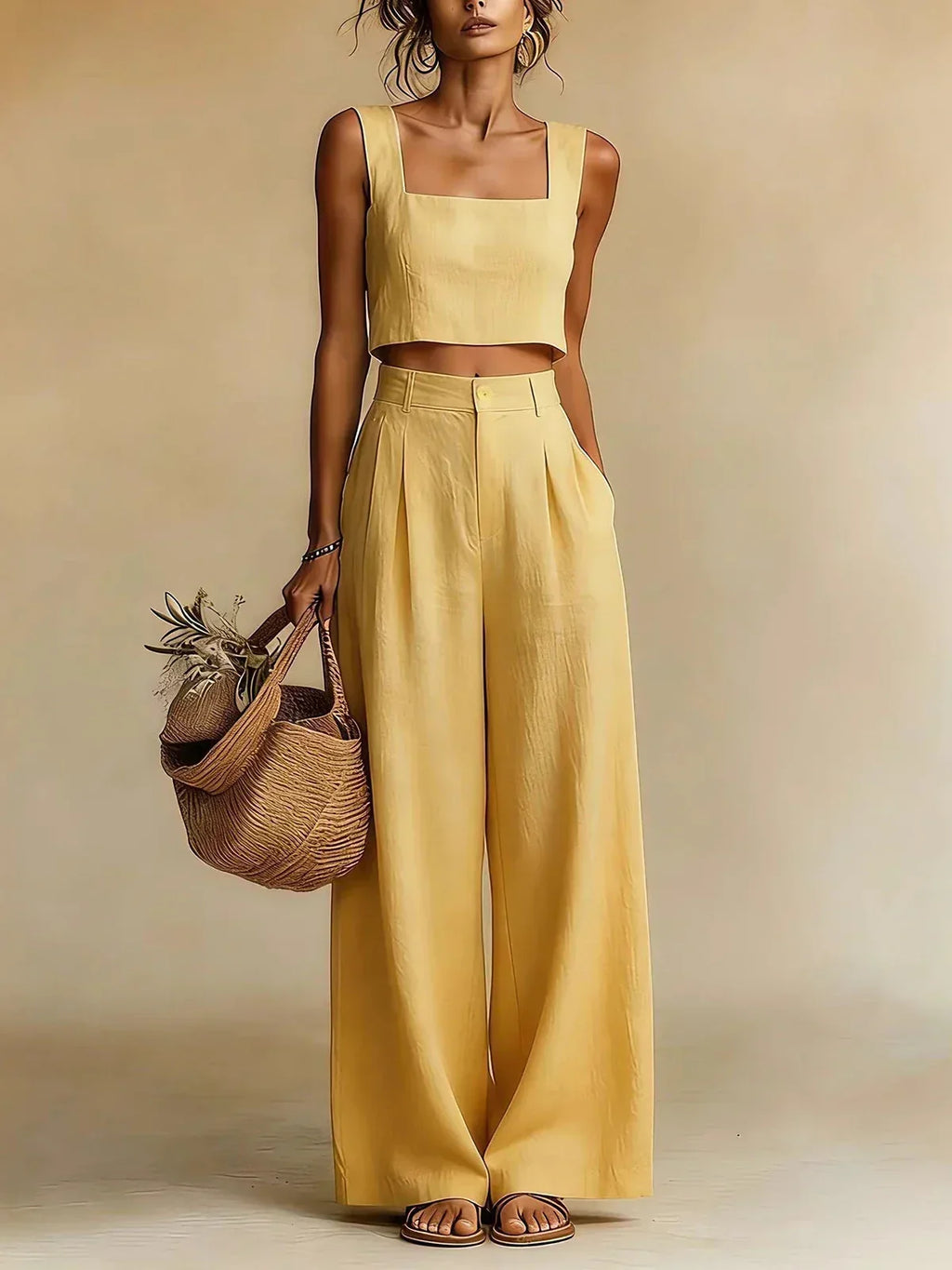 Women's Flowy Top and Wide-Leg Palazzo Pants Set - Yellow