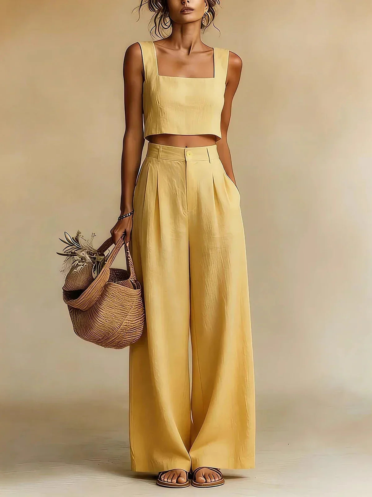 Women's Flowy Top and Wide-Leg Palazzo Pants Set - Yellow