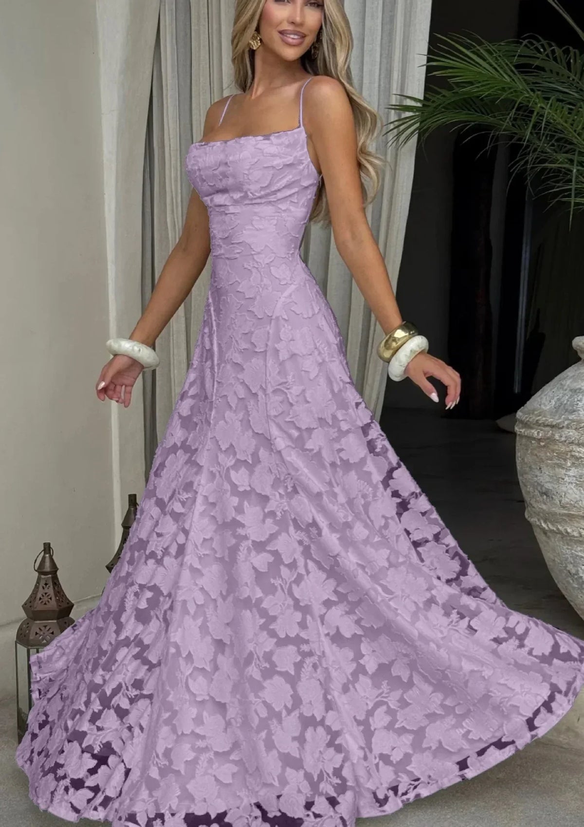 Women's Elegant Floral Evening Wedding Guest Dress with Lace-Up Back - Lilac