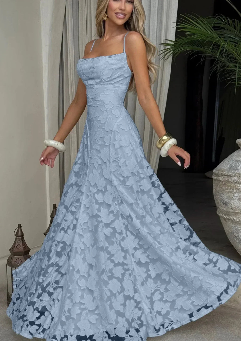 Women's Elegant Floral Evening Wedding Guest Dress with Lace-Up Back - Blue
