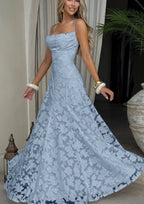 Women's Elegant Floral Evening Wedding Guest Dress with Lace-Up Back - Blue