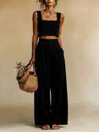 Women's Flowy Top and Wide-Leg Palazzo Pants Set - Black