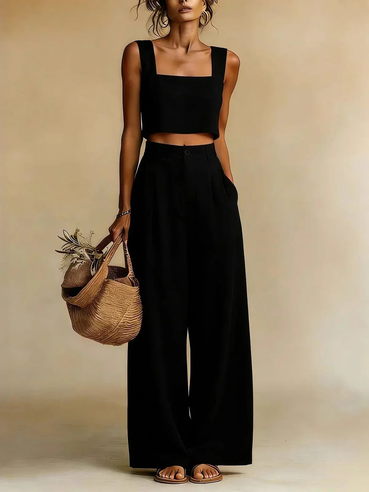 Women's Flowy Top and Wide-Leg Palazzo Pants Set - Black