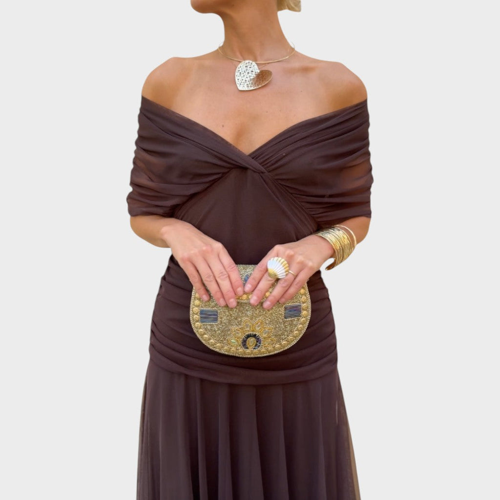 Women's V-Neck Long Sleeve Midi Dress - Brown