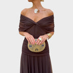 Women's V-Neck Long Sleeve Midi Dress - Brown