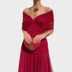 Women's V-Neck Long Sleeve Midi Dress - Red