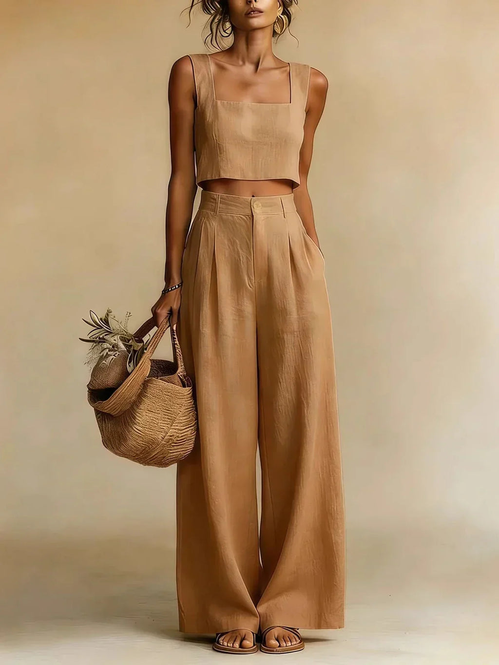 Women's Flowy Top and Wide-Leg Palazzo Pants Set - Brown