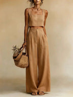 Women's Flowy Top and Wide-Leg Palazzo Pants Set - Brown