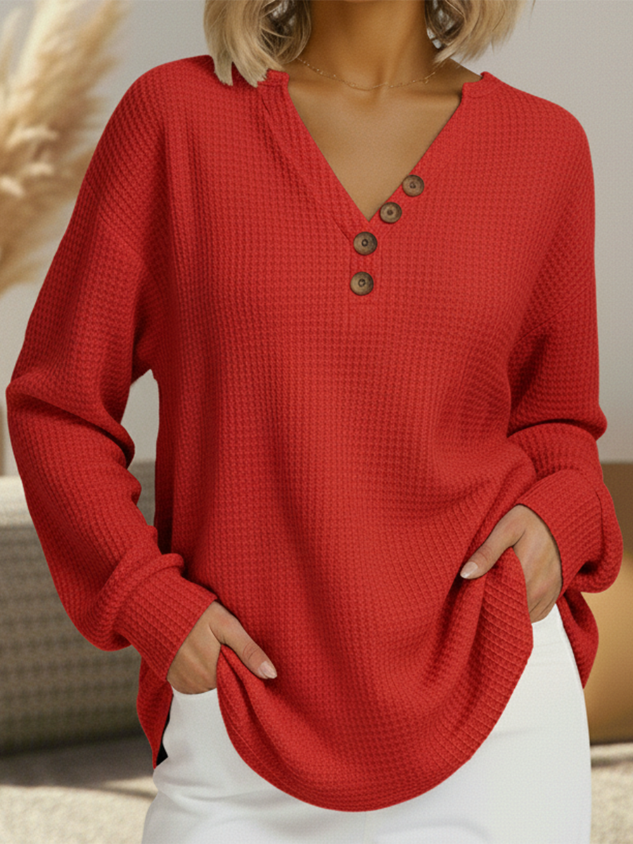 Women's Solid V-Neck Knit Sweater - Red