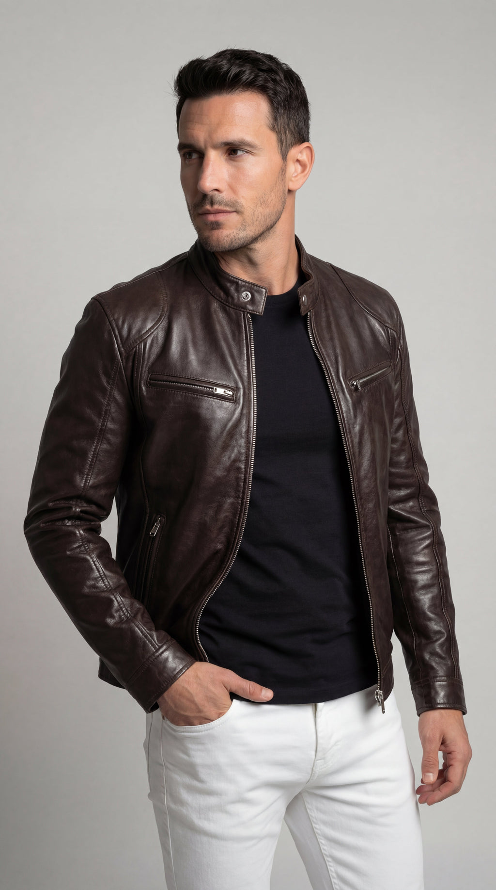 Men's Elegant Leather Jacket for Fall - Brown