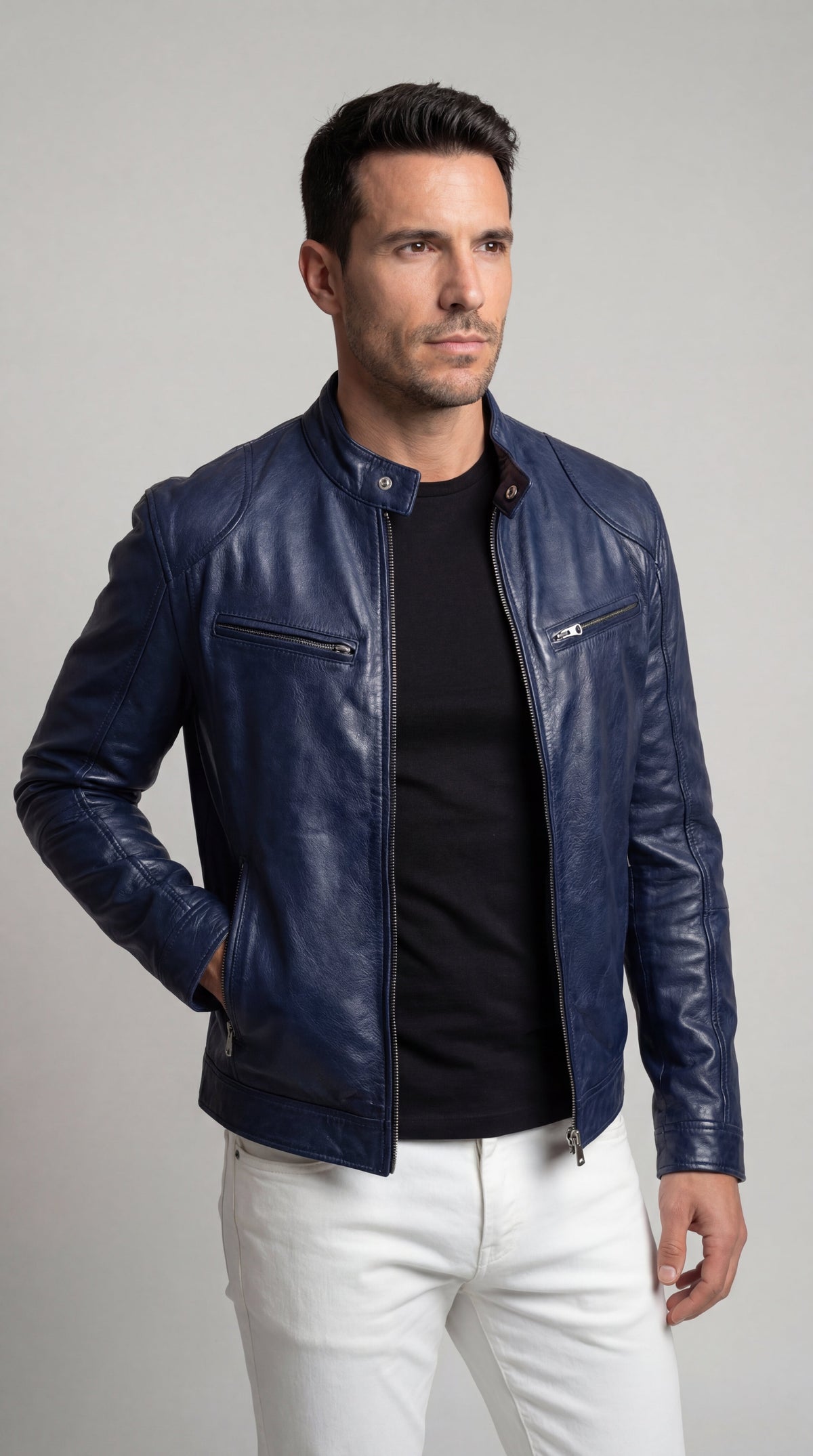 Men's Elegant Leather Jacket for Fall - Navy Blue