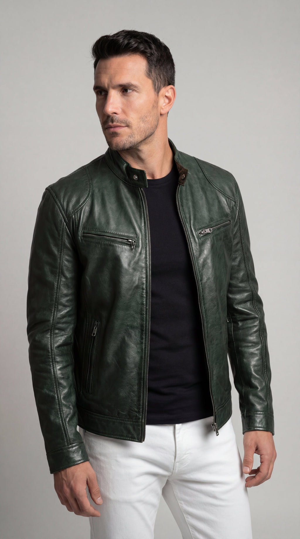 Men's Elegant Leather Jacket for Fall - Dark Green