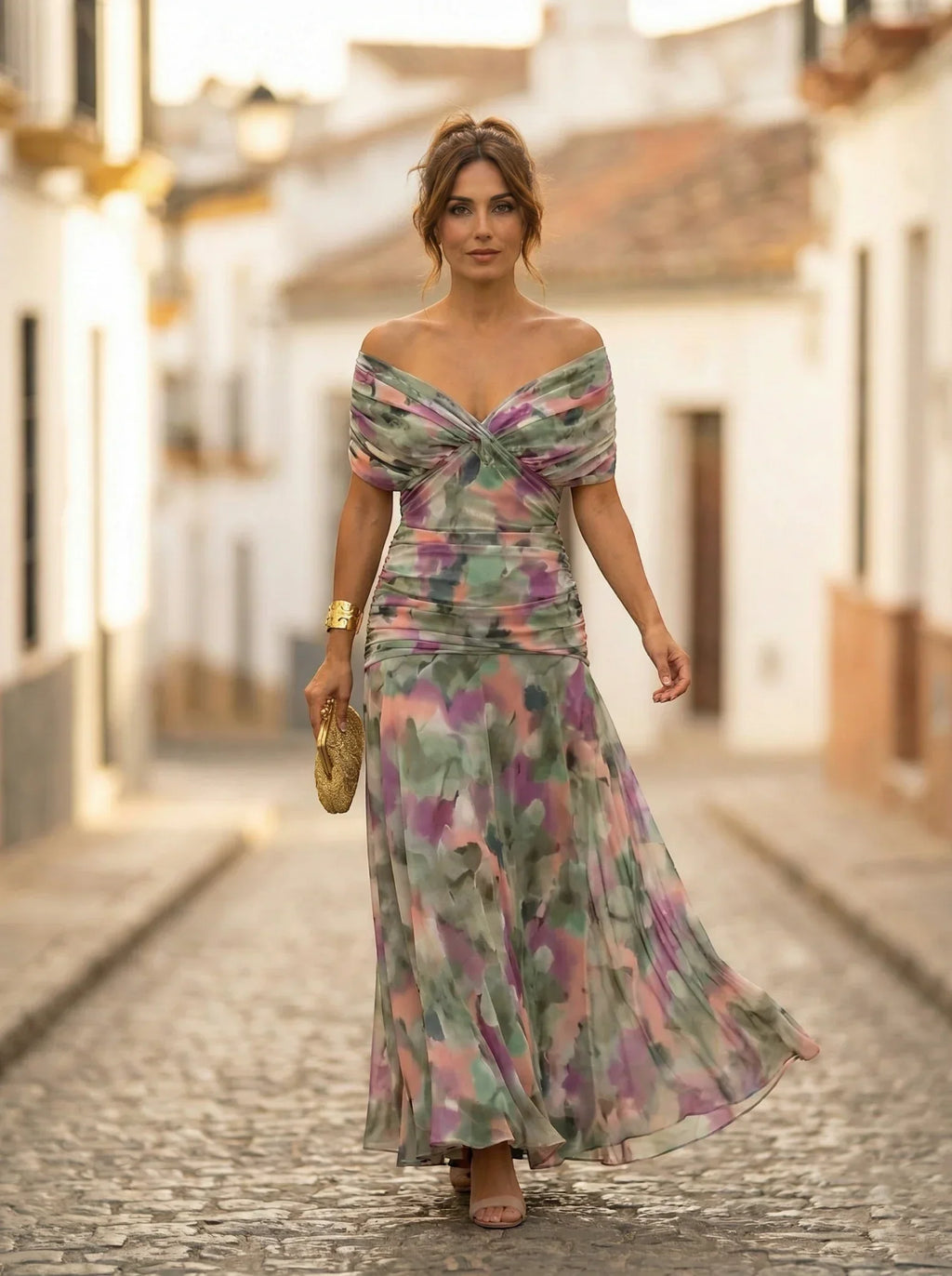 Women's Elegant Long Bridesmaid Dress for Fall - Green Purple