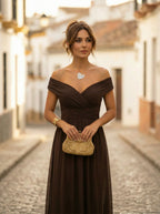 Women's Elegant Long Bridesmaid Dress for Fall - Brown