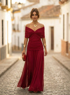 Women's Elegant Long Bridesmaid Dress for Fall - Red