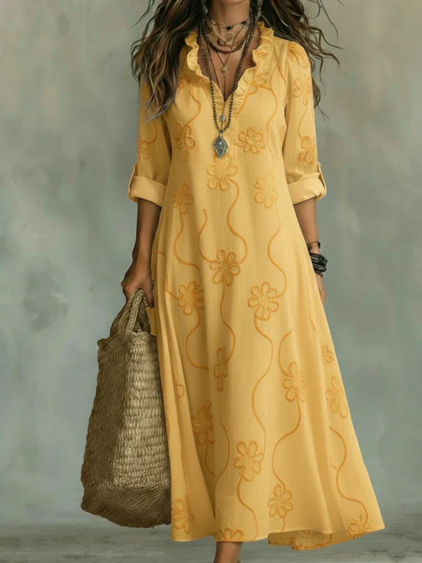 Women's Boho Floral Ruffle Summer Maxi Dress - Yellow