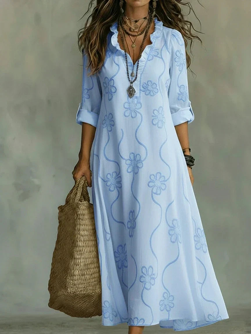 Women's Boho Floral Ruffle Summer Maxi Dress - Blue