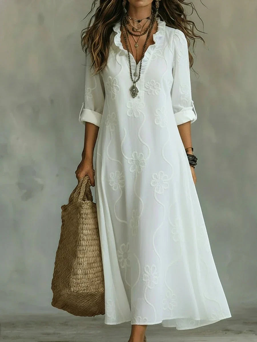 Women's Boho Floral Ruffle Summer Maxi Dress - White