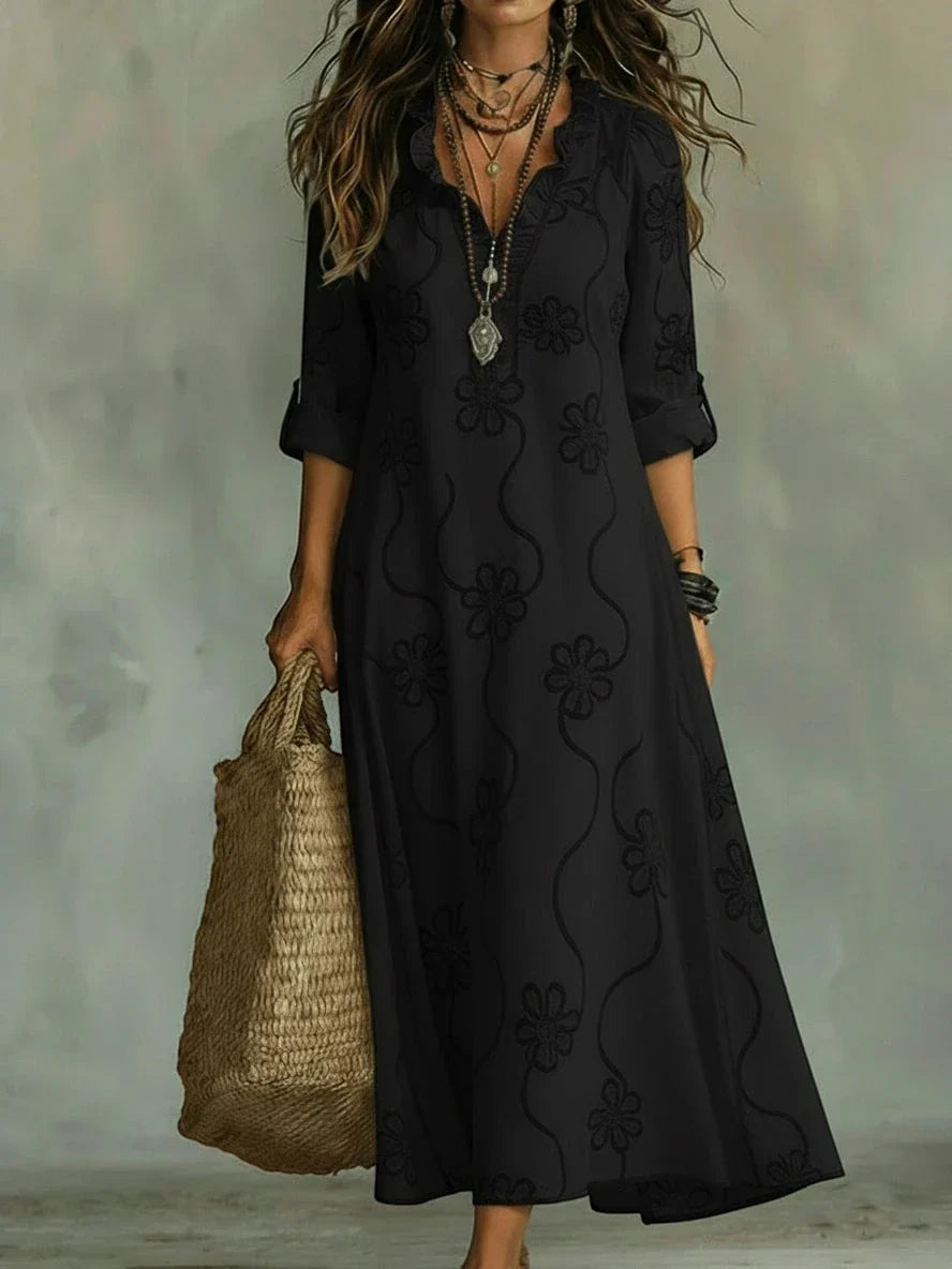 Women's Boho Floral Ruffle Summer Maxi Dress - Black