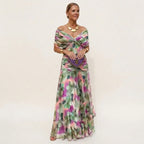 Women's Elegant Off-Shoulder Wedding Guest Maxi Dress - Green and Purple