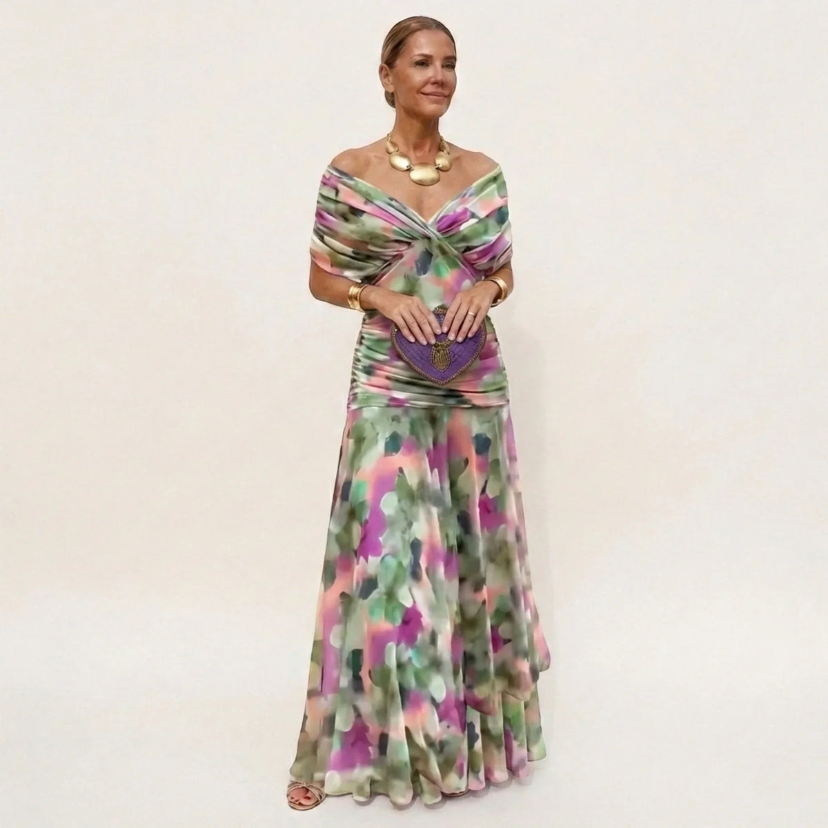 Women's Elegant Off-Shoulder Wedding Guest Maxi Dress - Green and Purple