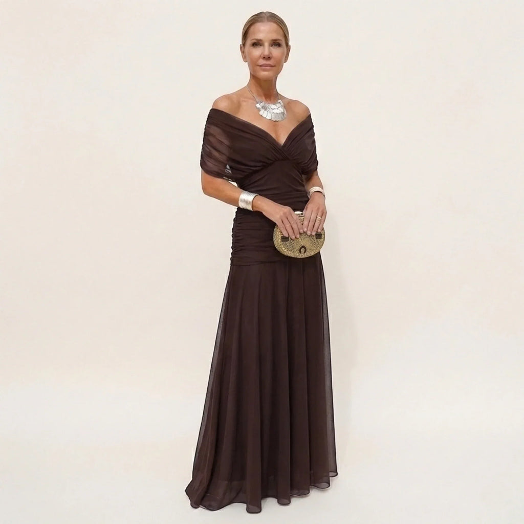 Women's Elegant Off-Shoulder Wedding Guest Maxi Dress - Brown