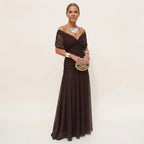 Women's Elegant Off-Shoulder Wedding Guest Maxi Dress - Brown