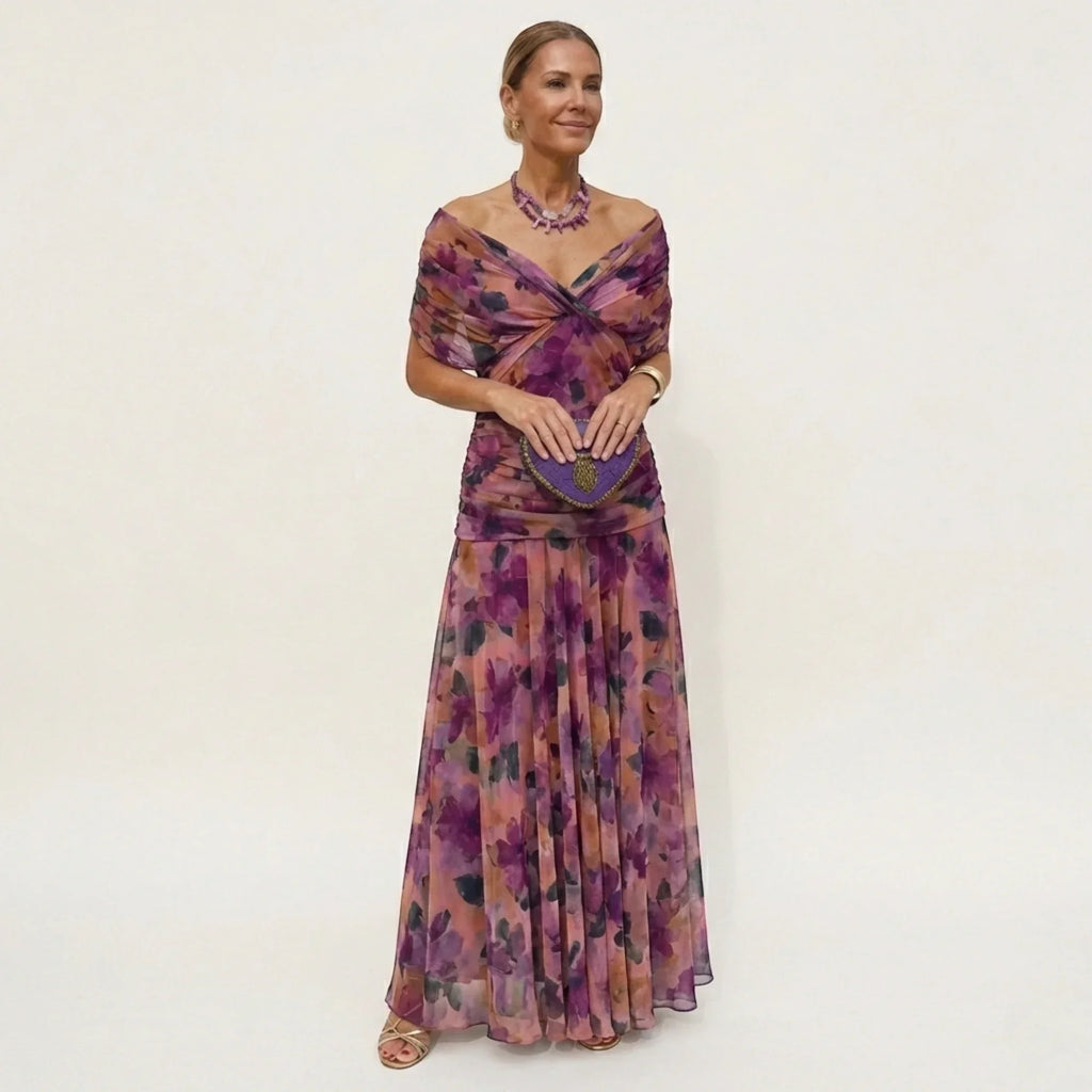 Women's Elegant Off-Shoulder Wedding Guest Maxi Dress - Purple