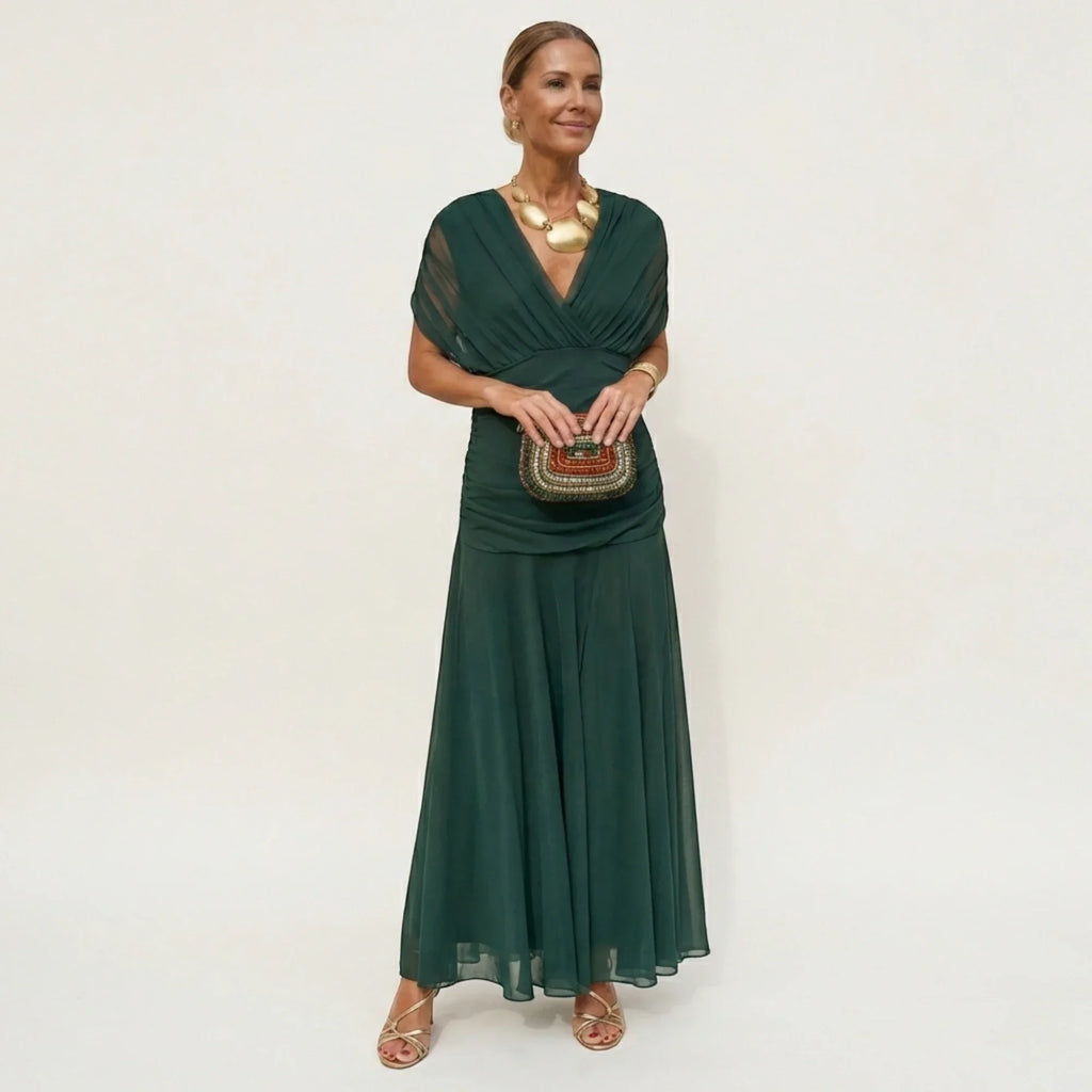 Women's Elegant Off-Shoulder Wedding Guest Maxi Dress - Green