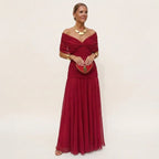 Women's Elegant Off-Shoulder Wedding Guest Maxi Dress - Red